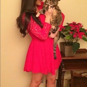 H&M Bright Red Lace Cinched Waist Mini Dress